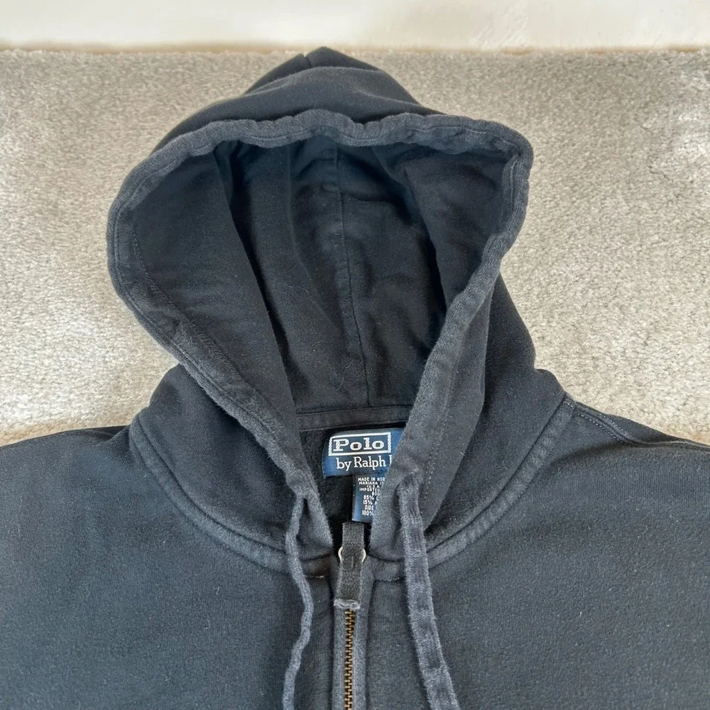 Vintage Polo Ralph Lauren Full Zip Hoodie Men's Large Black Red Pony Logo Fleece